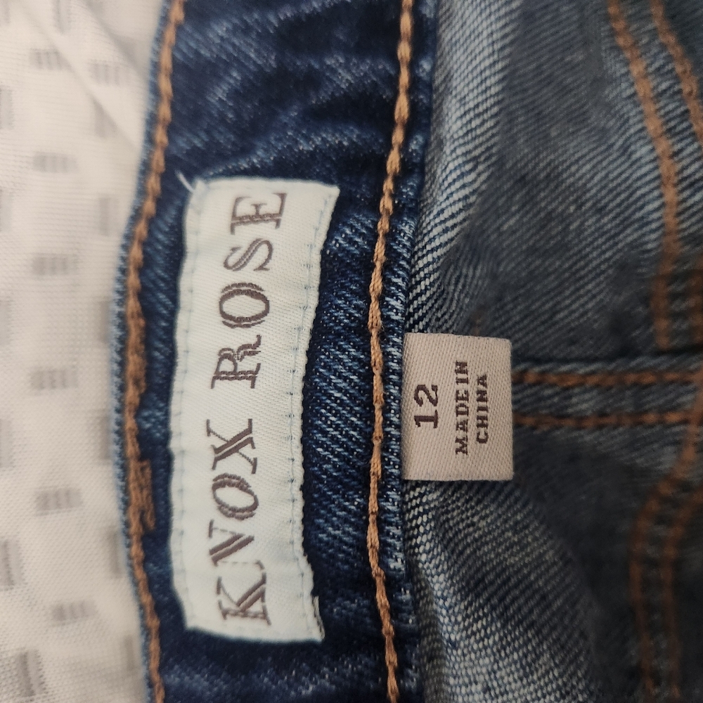 Knox Rose Women's Distressed Blue Jeans with Colorful Embtoidered Side Stripes. - Picture 2 of 6